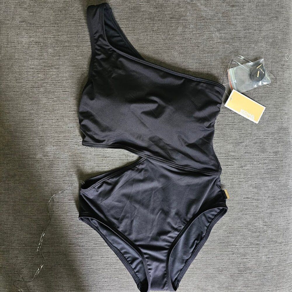 Michael Kors Women's Black One-Shoulder Side-Cutout gold logo Swimsuit Size 8